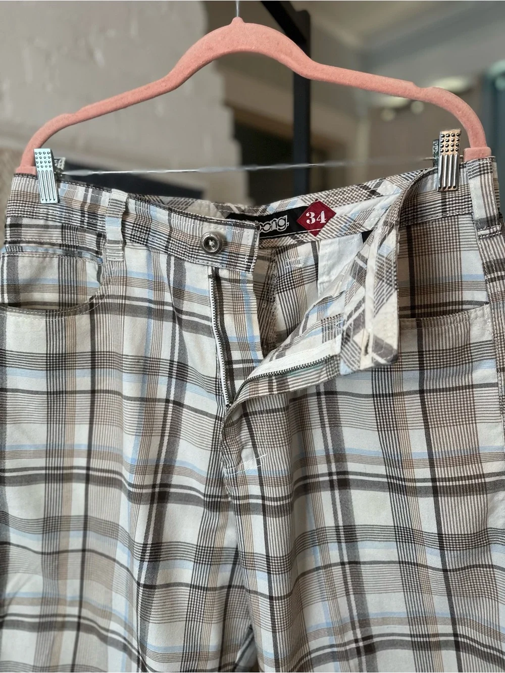 Billabong Tan Brown and Blue Plaid Shorts